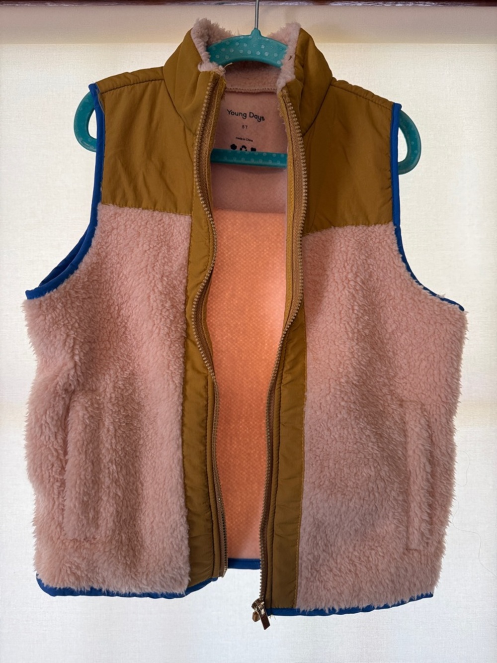 Girls' Pink Sherpa Vest with Olive Trim